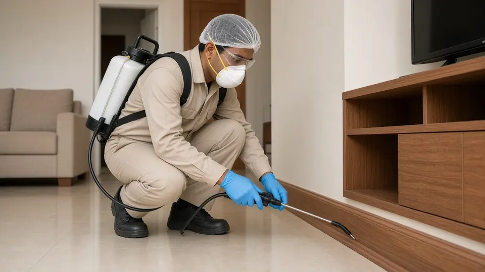 Termite control in Yelahanka — technician inspecting wooden furniture and structures for termite treatment